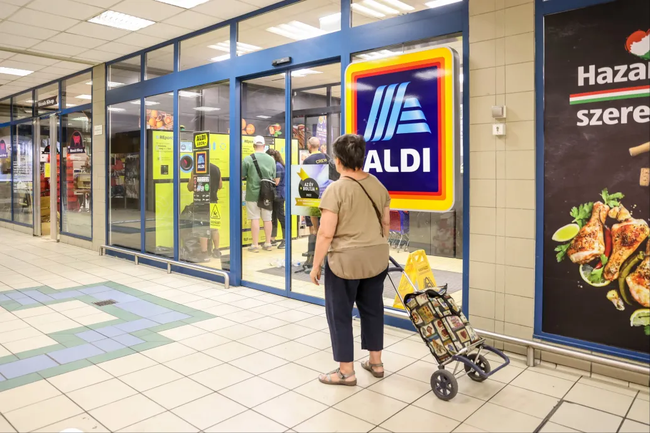 Aldi bejárata, előtte vásárló